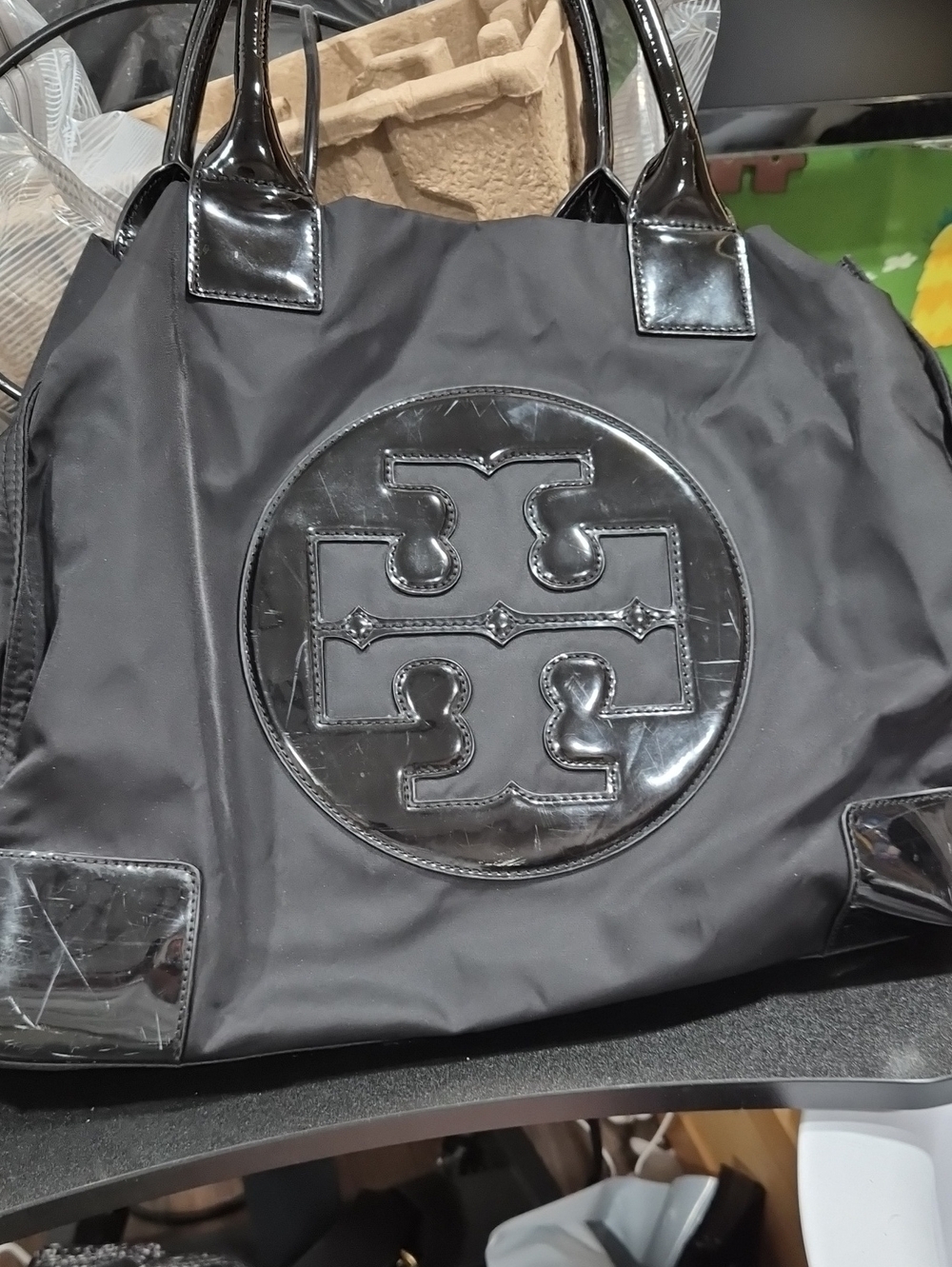 Tory Burch Black Nylon Tote with Patent Logo Accents